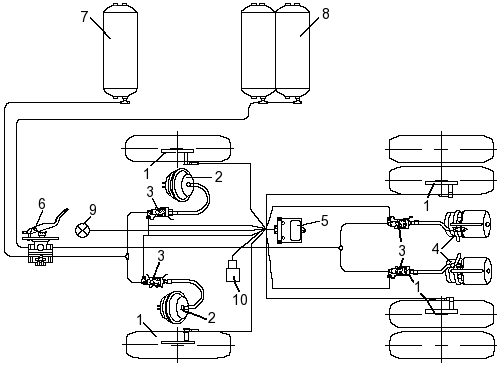 Воздух на прицеп камаз. Схема пневмосистемы прицепа КАМАЗ. Схема воздушной системы полуприцепа КАМАЗ 43118. Воздушная система полуприцепа НЕФАЗ схема. Тормозная система полуприцепа НЕФАЗ.